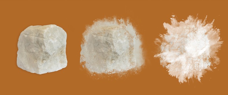 A block of white barite ore breaking down into fine white powder