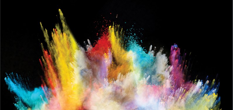Bursts of coloured pigment powder